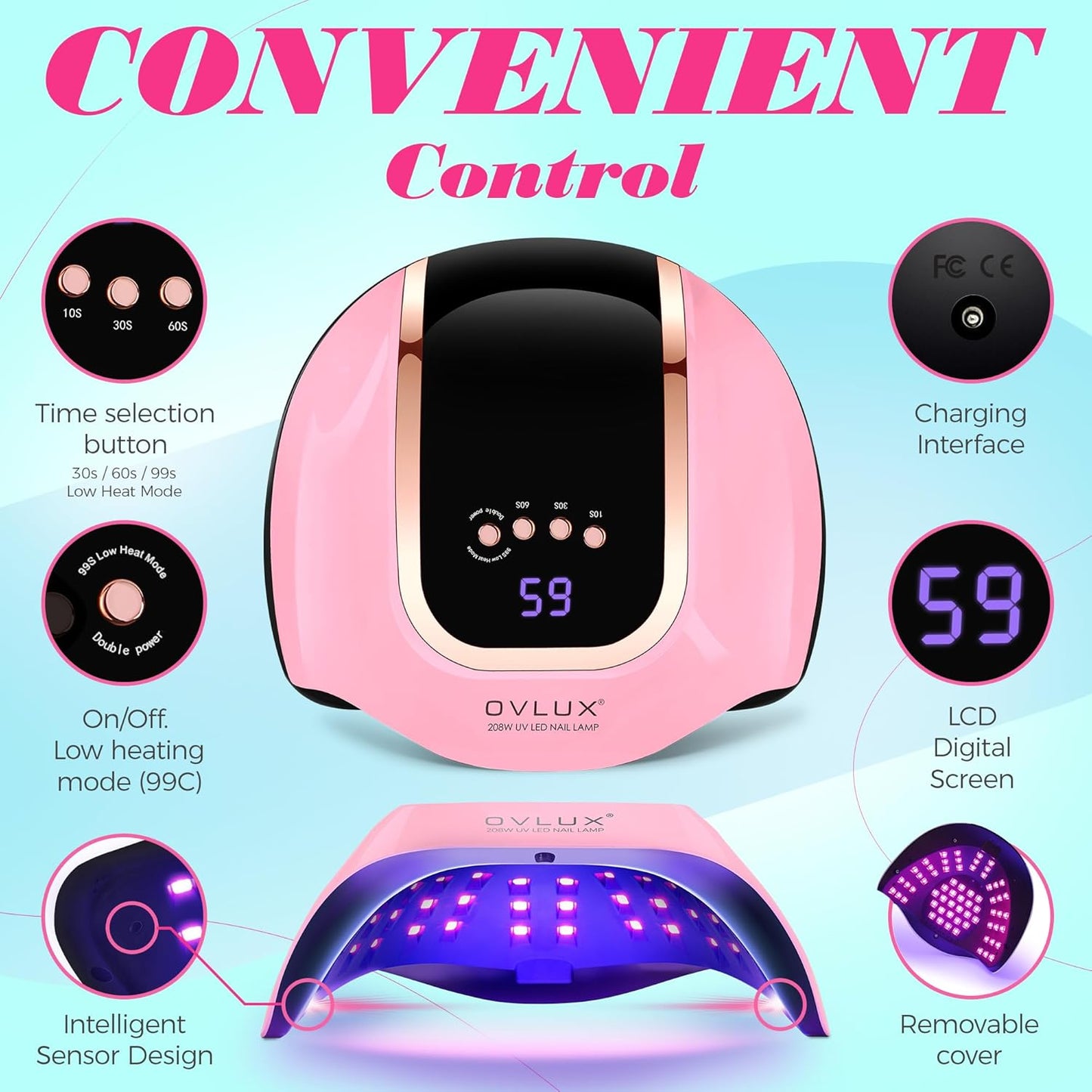 OVLUX 208W UV LED Nail Lamp - 66 LED Beads, Quick-Drying Professional Nail Dryer with Smart Sensor