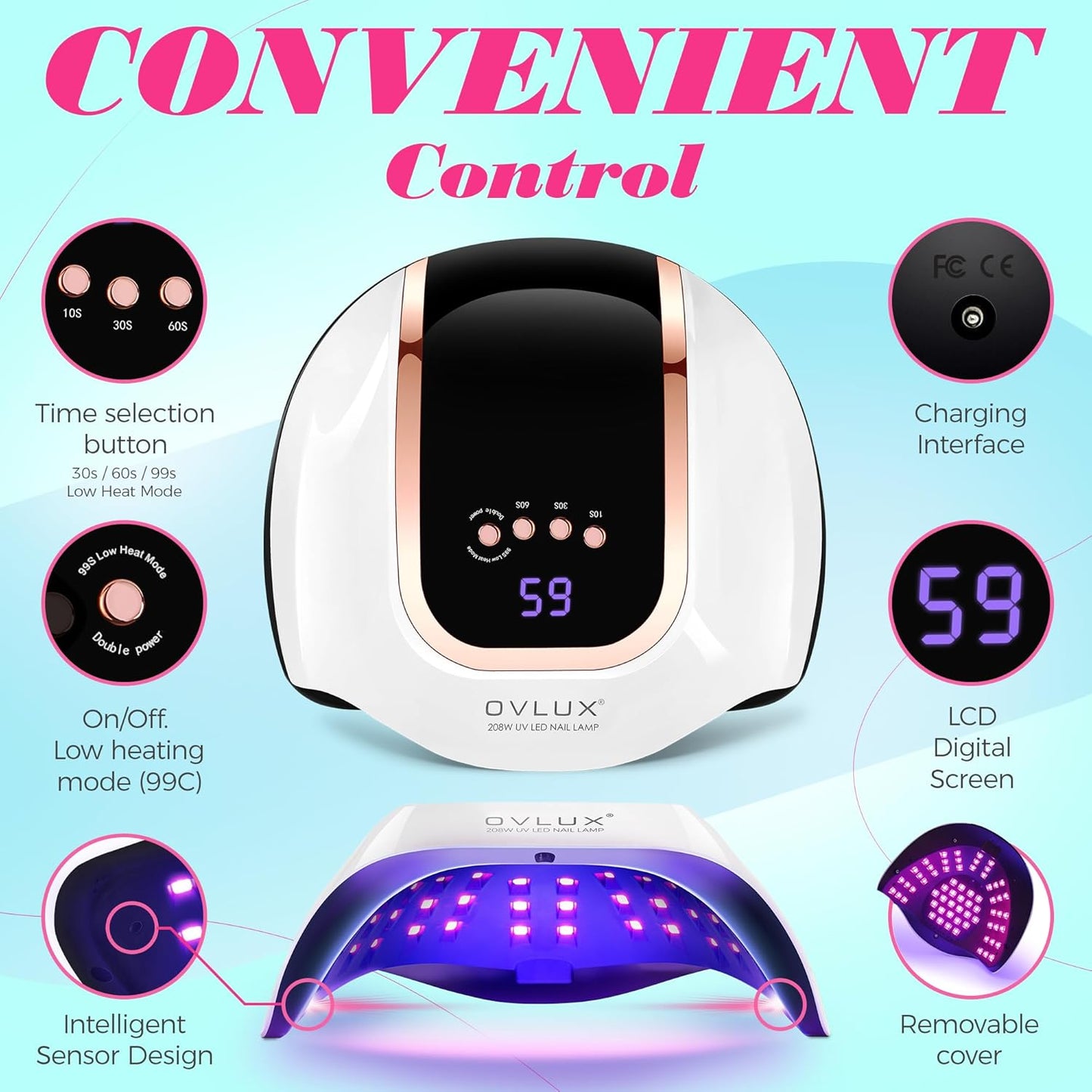 OVLUX 208W LED Nail Lamp - 66 LEDs with Smart Sensor & Timers for Fast, Salon-Quality Gel Drying