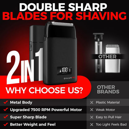 OVLUX Metal Shell Three Blades Foil Shaver for Men - Dual-Foil with Trimmer for Bald Heads and Facial Hair