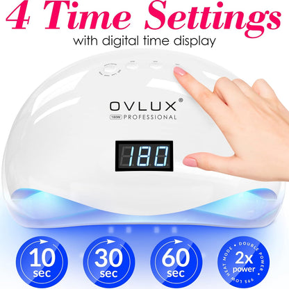 OVLUX Pro 180W UV LED Nail Lamp - Dual-Use Gel Polish Dryer with 57 Precision Bulbs, 4 Timers & Auto Sensor, Complete Nail Care Kit for Salon & Home Use - White