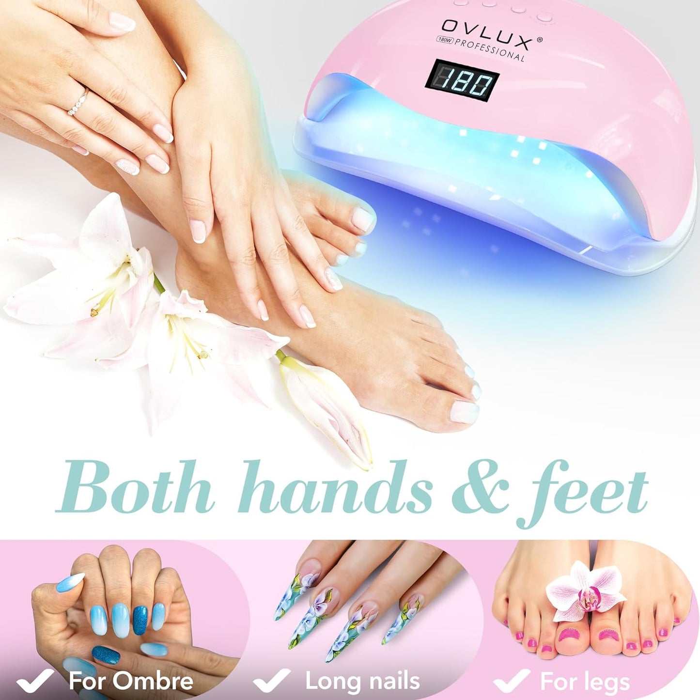 OVLUX Pro 180W UV LED Nail Lamp - Dual-Use Gel Polish Dryer with 57 Precision Bulbs, 4 Timers & Auto Sensor, Complete Nail Care Kit for Salon & Home Use - Blushing Bride