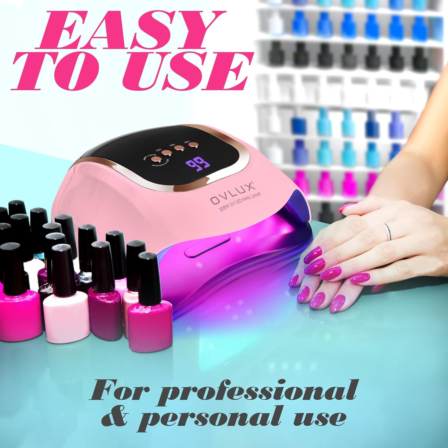 OVLUX 208W UV LED Nail Lamp - 66 LED Beads, Quick-Drying Professional Nail Dryer with Smart Sensor