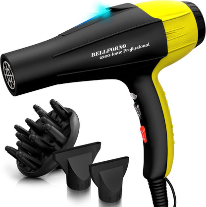 BELLFORNO Professional 2200W Diffuser Hair Dryer for Curly and Wavy Hair - Low Noise Ionic Blow Dryer with Tourmaline/Ceramic Technology for Fast Drying - Yellow in Black