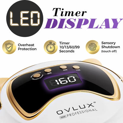 OVLUX 160W UV LED Nail Lamp - Professional Nail Dryer with 3 Timers, LCD Display & 36 LEDs for Salon and Home