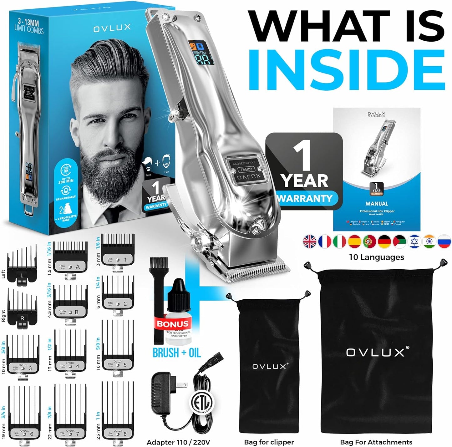 Ovlux Professional Hair Clippers for Men – Cordless Trimmer & Grooming Kit