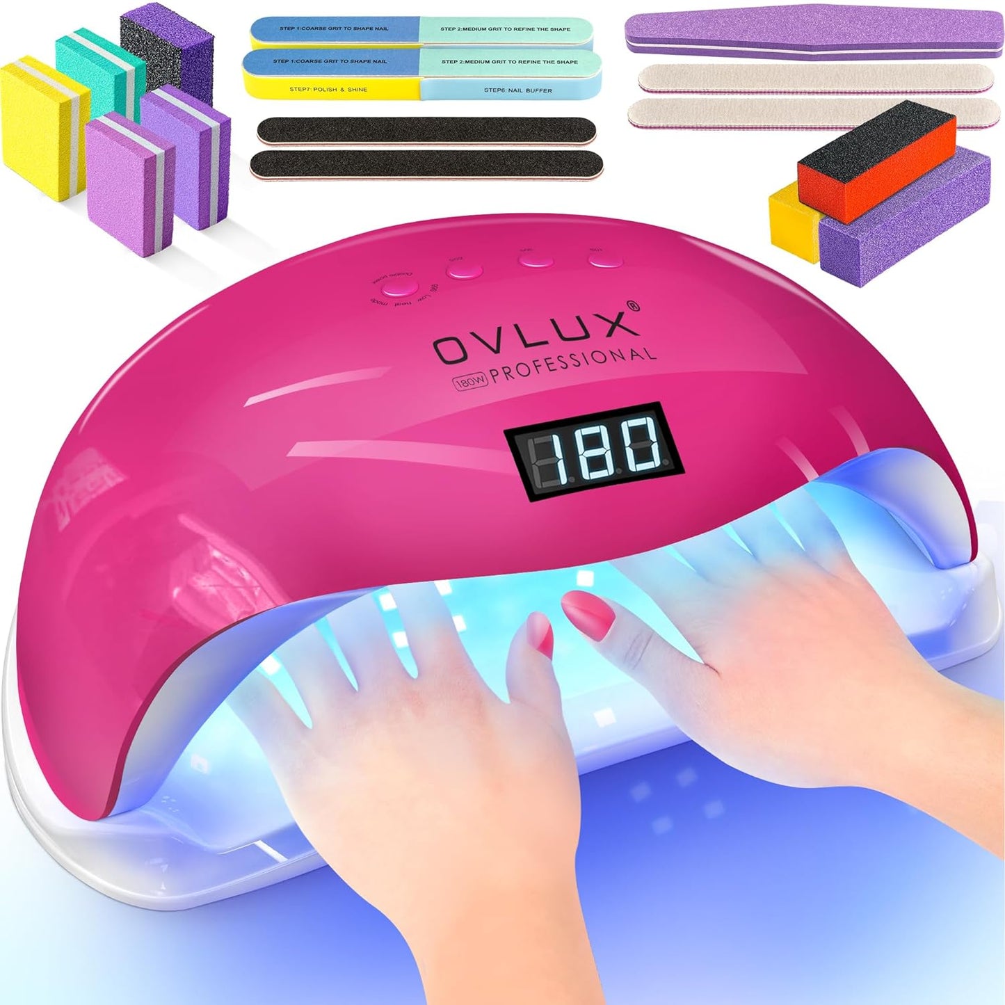 OVLUX PRO 180W UV LED Nail Lamp - 57 Precision Bulbs, Digital Timer Display & Auto Sensor for All Gel Types - Fucsia