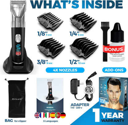 OVLUX Advanced Hair Clipper Kit - Corded/Cordless with LED Display & Stainless Steel Blades