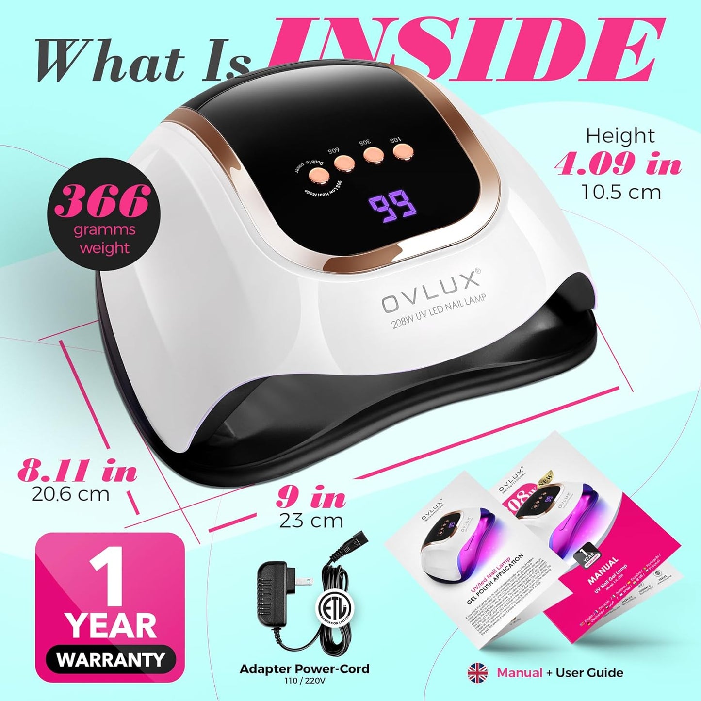 OVLUX 208W LED Nail Lamp - 66 LEDs with Smart Sensor & Timers for Fast, Salon-Quality Gel Drying