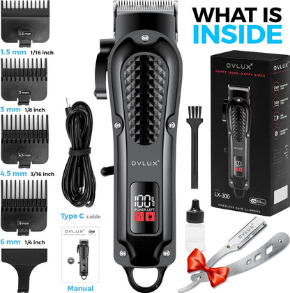 OVLUX Cordless Hair Clippers for Men - Professional Barber Clippers with LED Display & Powerful Rotary Motor