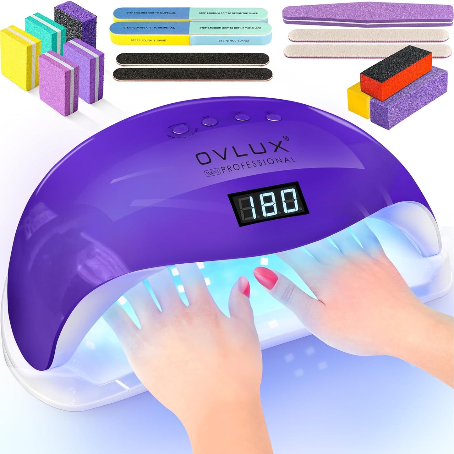 OVLUX PRO 180W UV LED Nail Lamp - 57 Precision Bulbs, Digital Timer Display & Auto Sensor for All Gel Types - Purple