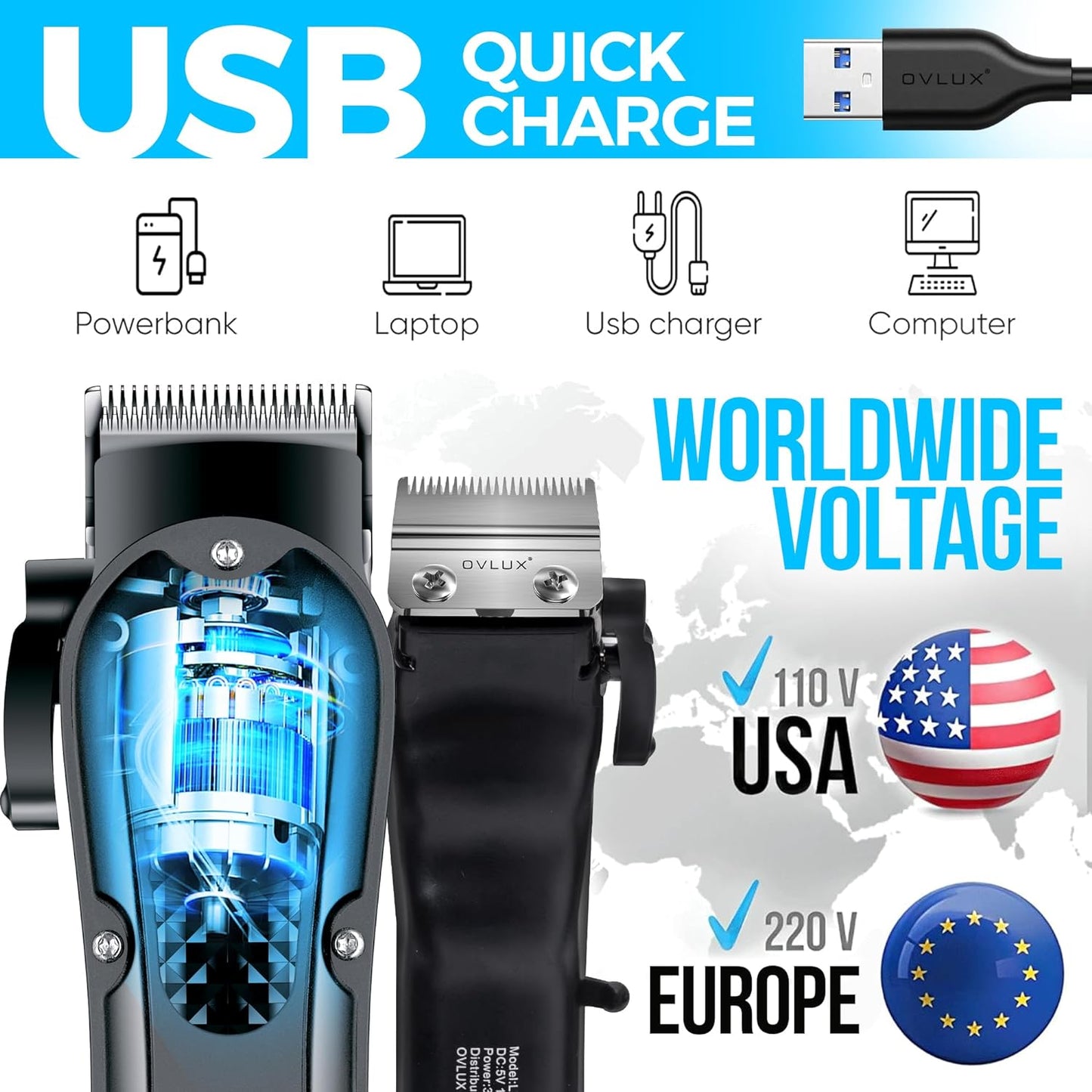 OVLUX Cordless Hair Clippers for Men - Professional Barber Clippers with LED Display & Powerful Rotary Motor