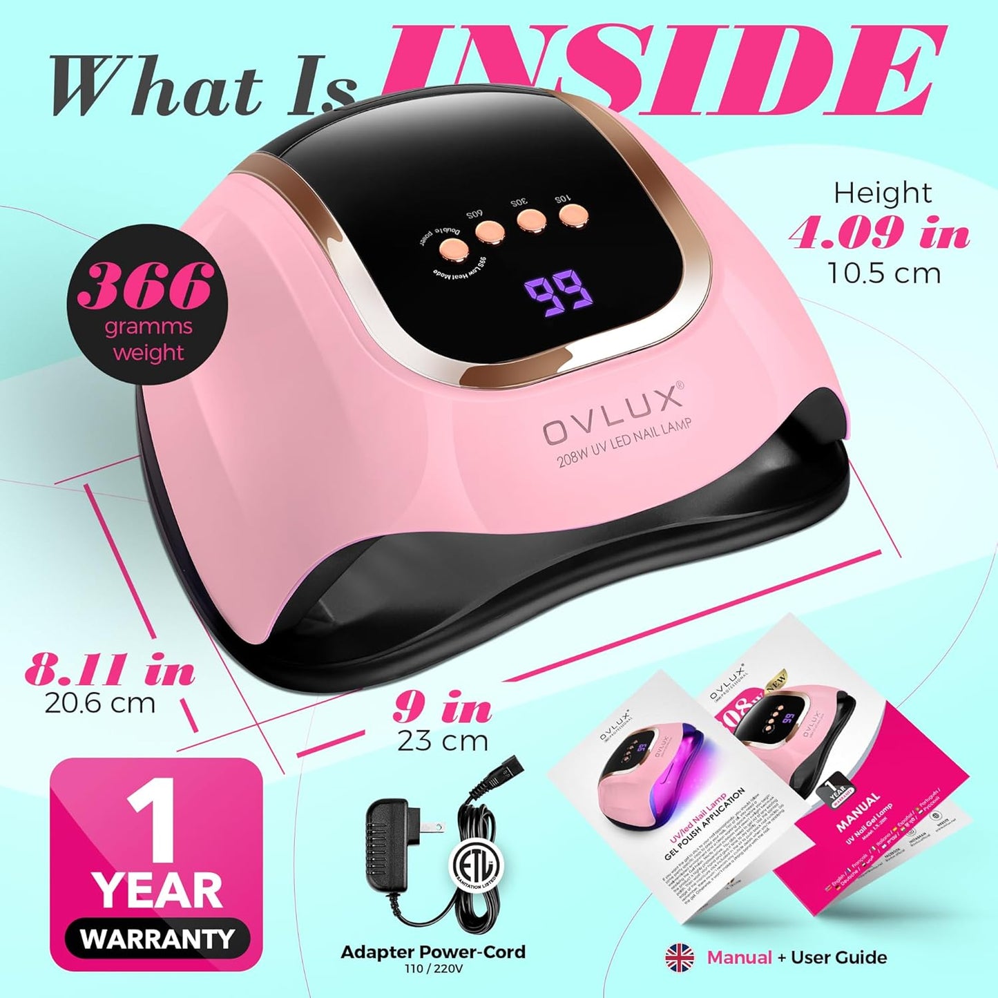 OVLUX 208W UV LED Nail Lamp - 66 LED Beads, Quick-Drying Professional Nail Dryer with Smart Sensor