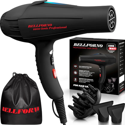 BELLFORNO Professional 2200W Diffuser Hair Dryer for Curly and Wavy Hair - Low Noise Ionic Blow Dryer with Tourmaline/Ceramic Technology for Fast Drying - Black