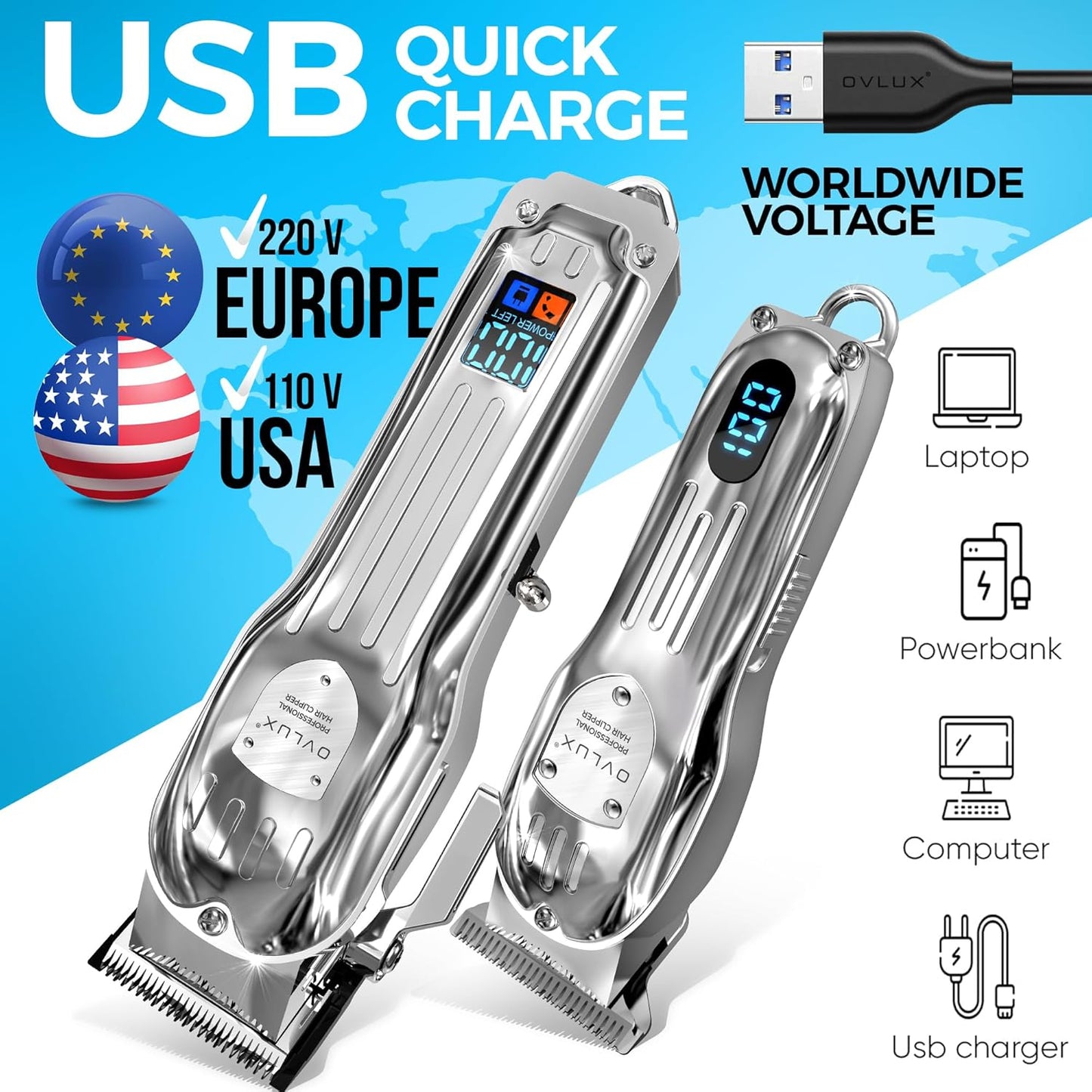 OVLUX Professional Hair Clippers for Men - Cordless Hair & Beard Trimmer Set with LCD Display & Travel Case