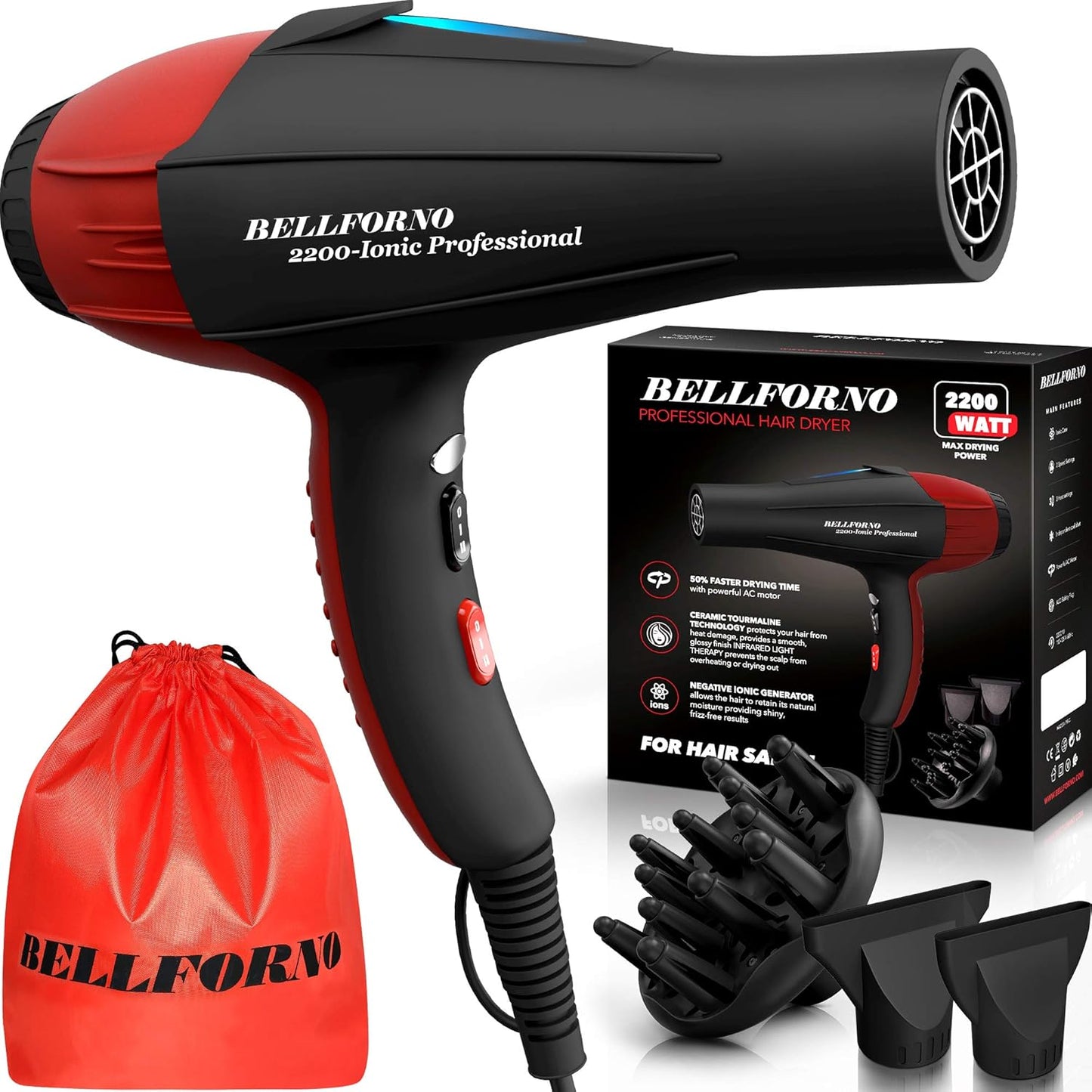 BELLFORNO Professional 2200W Diffuser Hair Dryer for Curly and Wavy Hair - Low Noise Ionic Blow Dryer with Tourmaline/Ceramic Technology for Fast Drying