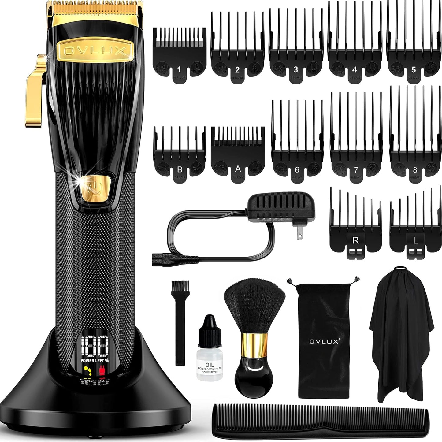 OVLUX Professional Hair Clippers for Men – Rechargeable Cordless Trimmer with 12 Guide Combs and Adjustable Lengths (0.8-2mm)