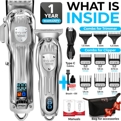 OVLUX Professional Hair Clippers for Men - Cordless Hair & Beard Trimmer Set with LCD Display & Travel Case