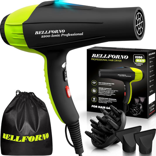 BELLFORNO Professional 2200W Diffuser Hair Dryer for Curly and Wavy Hair - Low Noise Ionic Blow Dryer with Tourmaline/Ceramic Technology for Fast Drying - Greenish in Black