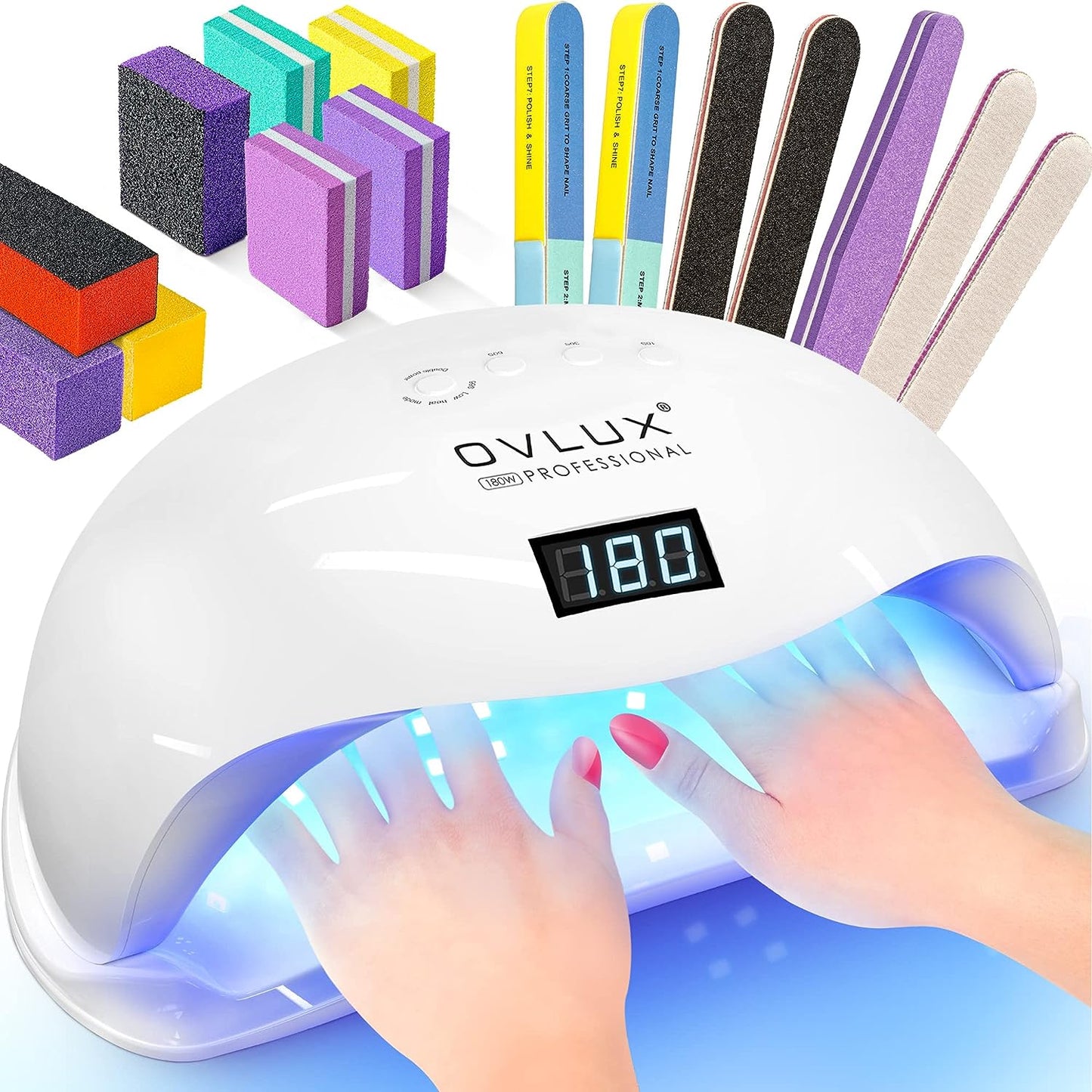 OVLUX Pro 180W UV LED Nail Lamp - Dual-Use Gel Polish Dryer with 57 Precision Bulbs, 4 Timers & Auto Sensor, Complete Nail Care Kit for Salon & Home Use - White