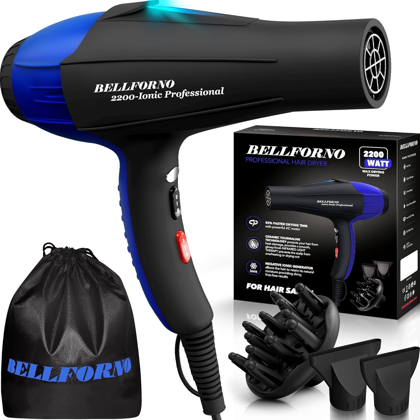 BELLFORNO Professional 2200W Diffuser Hair Dryer for Curly and Wavy Hair - Low Noise Ionic Blow Dryer with Tourmaline/Ceramic Technology for Fast Drying - Blue in Black