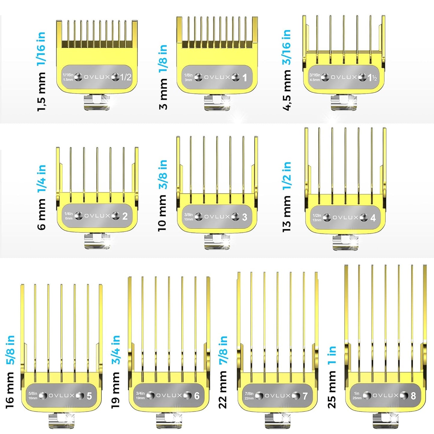 OVLUX Professional Hair Clipper Guards - Color-Coded 10-Piece Set, 1/16” to 1” Cutting Guides, Durable Half-Metal Comb Replacement for Wahl Clippers