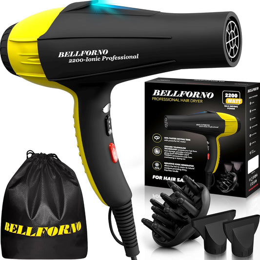 BELLFORNO Professional 2200W Diffuser Hair Dryer for Curly and Wavy Hair - Low Noise Ionic Blow Dryer with Tourmaline/Ceramic Technology for Fast Drying - Yellow in Black